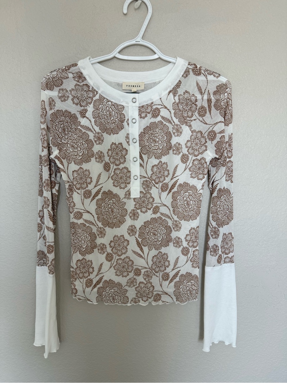 Floral Henley Long Sleeve Top - Cream/Brown